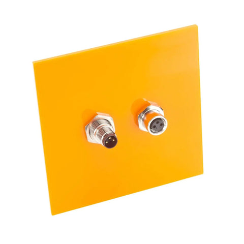 A Code 3 Pin M8 Bulkhead Connector, 3 Pin Male To Female, IP67 Shielded Circular Panel Mount Socket Receptacle on yellow panel
