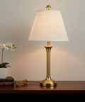 Hardback Empire Transitional Spider Lamp Shade In Mushroom White Pleated Tetoron Cotton Fabric on brass lamp base