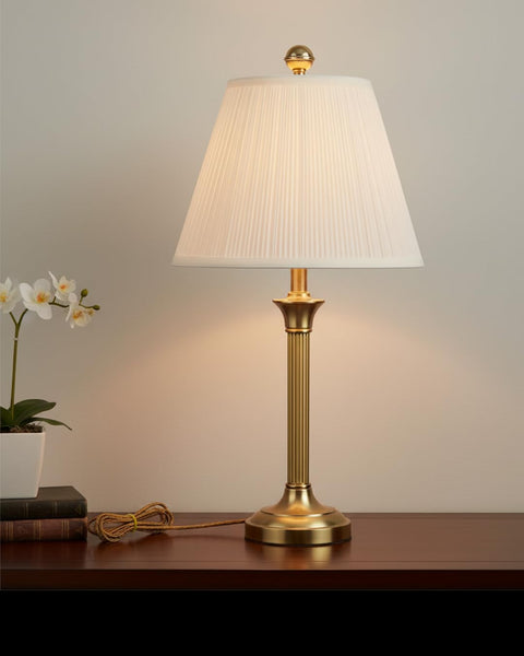 Hardback Empire Transitional Spider Lamp Shade In Mushroom White Pleated Tetoron Cotton Fabric on brass lamp base