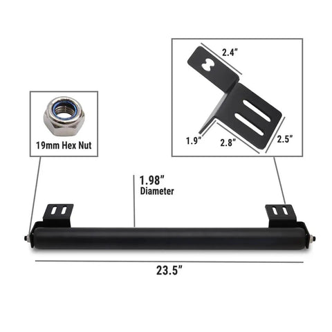 Built Tough 23.5 Inch Powder Coated Aluminum Ladder Roller With T Slot Compatibility For Roof Racks And Pickup Trucks displaying dimensions and hex nut.