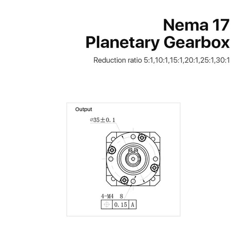 Nema 17 Planetary Gearbox diagram showing output specifications and reduction ratios for CNC router use.