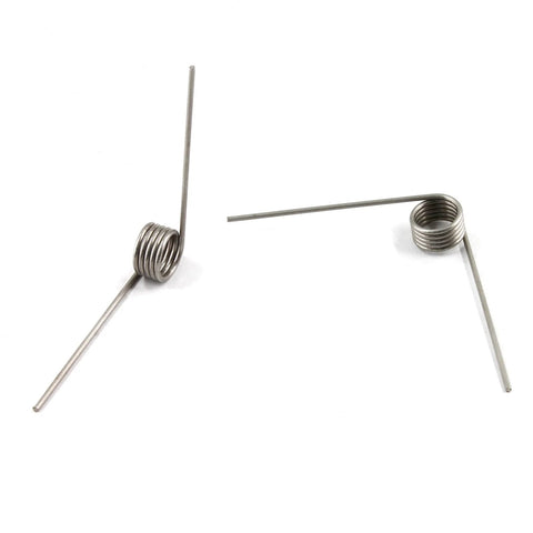 Two 50mm stainless steel torsion springs with 1mm wire and 11mm OD; straight legs visible.