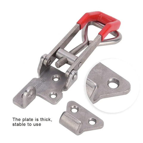 Awesome Heavy Duty Stainless Steel Toggle Clamp Latch With 250 Kg Clamping Force Makes Your Wood Or Metal Projects Super Solid And Secure For Serious DIY Grind. 304 stainless steel toggle clamp with red handle and mounting plate