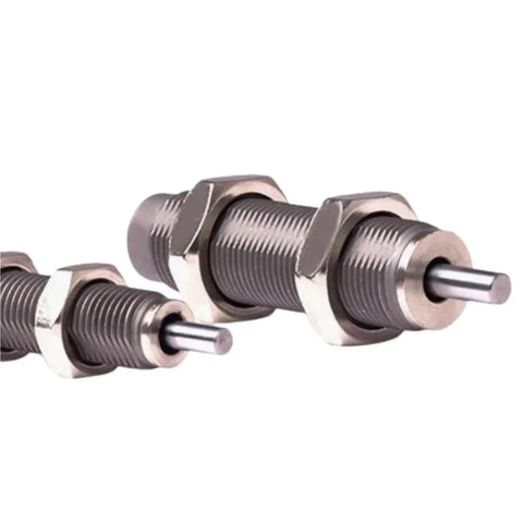Rugged Stainless Steel Hydraulic Buffer Shock Absorber Straight Up Industrial Heavy Duty Cylinder Damper Kills Vibration For Smooth Machinery Operation Csac-1210N Pack One close-up of two cylindrical dampers with threaded bodies.