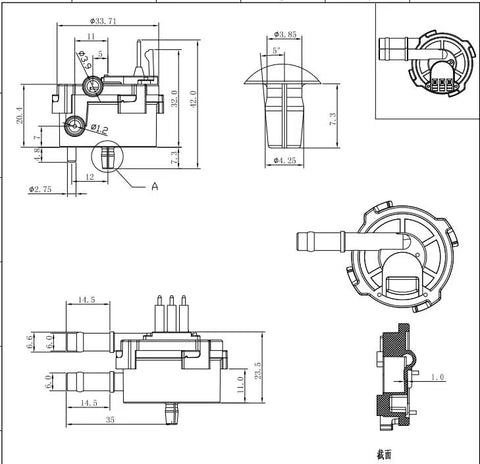 Technical drawing of FM HL3012 Hall Effect Flow Sensor for precise liquid flow, showing dimensions and components layout.