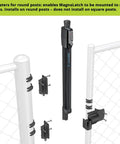 Heavy Duty Magnetic Fence Latch for Backyard Chain Link Gates shown mounted on round post with adapters for secure installation.