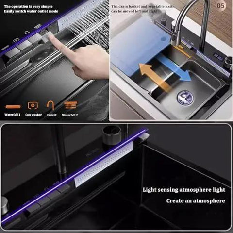 Multifunctional Stainless Steel Waterfall Faucet for Large Single Bowl Sinks - Honeycomb Pattern Design, Easy installation and durable performance with touch controls and lighting.