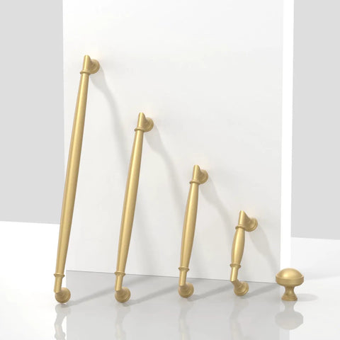 Straight Fire Brushed Gold Cabinet Pulls 10 Pack Set 5 Inch Center To Center kitchen drawer handles display on a white background.