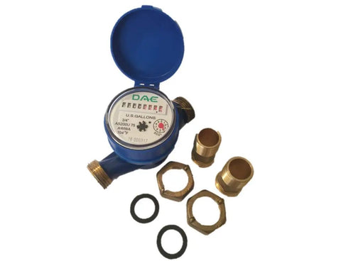 Inline Water Meter With 3/4 Inch NPT Couplings, Gallon Readout, Horizontal Dial Facing Up, No Fuss Install For Home, Farm, Or Workshop, Works In Any Orientation With Vertical Or Horizontal Mount; blue meter with brass fittings