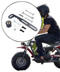 Chain Tensioner For Iron Transmission System Fits 50cc To 125cc Gas Powered Motorcycles And Bikes Keeps Your Chain Tight And Sprocket Aligned Durable Metal Build For A Smooth Ride, shown with parts and rider on bike.