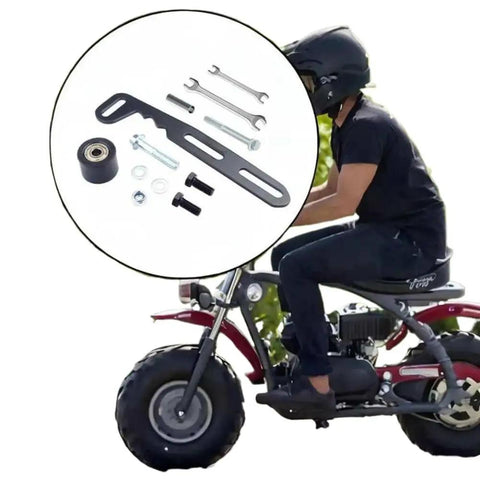 Chain Tensioner For Iron Transmission System Fits 50cc To 125cc Gas Powered Motorcycles And Bikes Keeps Your Chain Tight And Sprocket Aligned Durable Metal Build For A Smooth Ride, shown with parts and rider on bike.