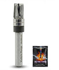 Down Cut Flush Trim Router Bit With One Quarter Inch Shank, Three Eighths Inch Cutting Diameter, One Half Inch Cutting Length, Three Flute Solid Carbide Pattern Template Bit For Woodworking Jigs And Top Bearing Cuts, Zero Tear-Out Geometry shown upright with Valtric Forge packaging.