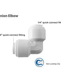 1/4 Inch Push To Connect 90 Degree RO Tubing Elbow Connector Fittings For RO DI Water Filter Systems And Aquariums Pack Of 10 Quick Connect 1/4 Inch Tubing Easy Install No Fuss Leak Free, side view showing quick connect fittings.
