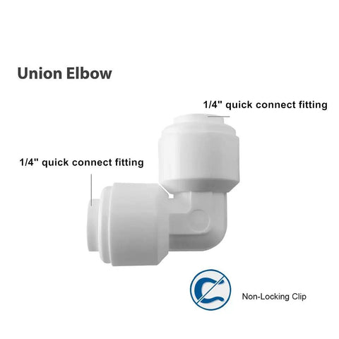 1/4 Inch Push To Connect 90 Degree RO Tubing Elbow Connector Fittings For RO DI Water Filter Systems And Aquariums Pack Of 10 Quick Connect 1/4 Inch Tubing Easy Install No Fuss Leak Free, side view showing quick connect fittings.