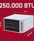 Ultra Heavy 250K BTU Vertical Natural Gas Garage Heater With Badass Forced Air Warmth For Warehouses Factories Workshops And Reliable Commercial Job Sites dimensions 250,000 BTU