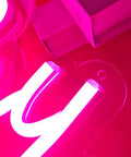 Close-up of Pink Happy Birthday Neon Sign With Dimmer For Party Decoration And Bedroom Wall Decor Two Panel 16.5x8 And 23x8 Inches Flexible Mounting