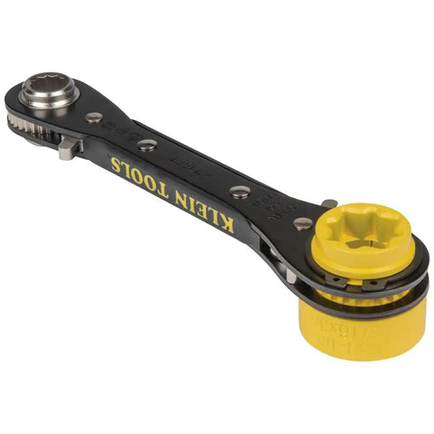 Six In One Lineman's Ratcheting Wrench with yellow socket for utility pole hardware, different sizes visible.