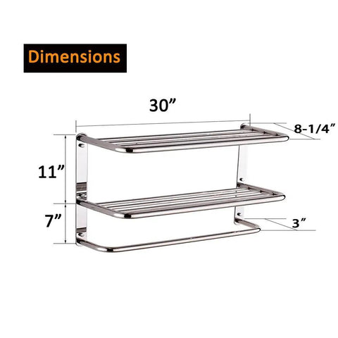 30 Inch Bathroom Shelf 3 Tier Wall Mount Rack With Towel Bars Extra Long Heavy Duty All Metal Build Rust Proof Stainless Steel Chrome Finish Built To Last dimensions