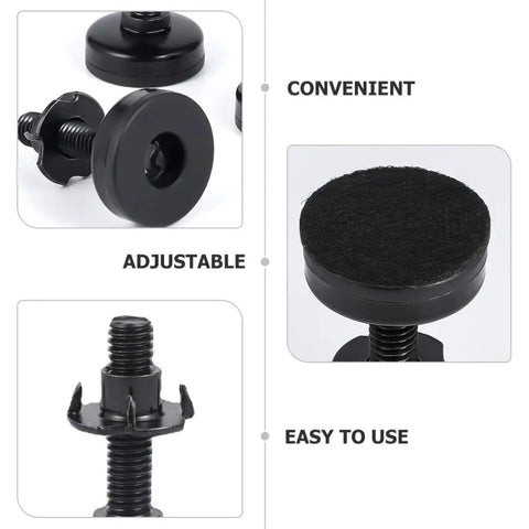 Rock Solid Adjustable Sofa Feet And Furniture Levelers Heavy Duty Leg Supports for Couches, showing adjustable black feet and screws.