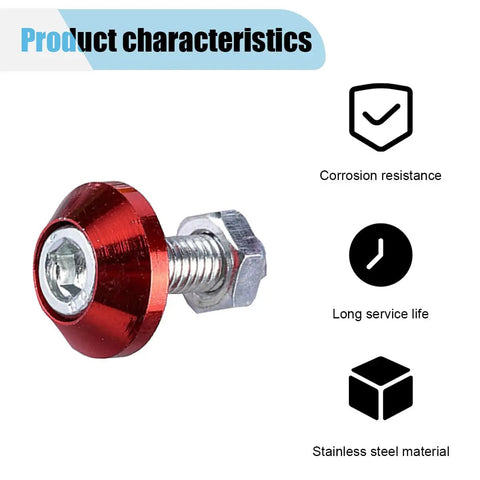 Heavy Duty Premium Red Aluminum Alloy Motorcycle License Plate Bolts 4 Piece Set For Sick Bike Registration Hardware showing a close-up of the red bolt.