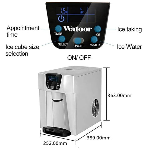 Top Shelf Portable Countertop Ice Maker With Sleek Stainless Steel Build shows control panel and dimensions for easy use.