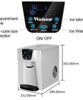 Kickass Countertop Ice Maker Cranks Out 33 Pounds Daily In Just 7 Minutes Quick Self Cleaning Tray with control panel and dimensions shown.