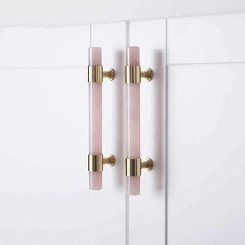 Clear Crystal Marble T Bar Cabinet Handles With Solid Brass Base Drawer Pull Knobs For Kitchen Bathroom Dresser And Closet Euro Style Furniture Hardware Upgrades Featuring A Slick Finish on white cabinet doors.