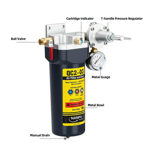3/8 NPT Desiccant Air Dryer with Regulator and Gauge Inline Moisture Filter for Air Compressors 120 CFM 152 PSI close-up