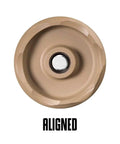 Solid Six Piece Bore Alignment Rods Kit With Laser Etched Caliber Marks For Fast Rifle And Pistol Cleaning Includes Sleeves For 223 556 762 And 9Mm Firearm Gear top view of a rounded cleaning rod tip in tan color.