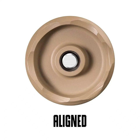 Solid Six Piece Bore Alignment Rods Kit With Laser Etched Caliber Marks For Fast Rifle And Pistol Cleaning Includes Sleeves For 223 556 762 And 9Mm Firearm Gear top view of a rounded cleaning rod tip in tan color.