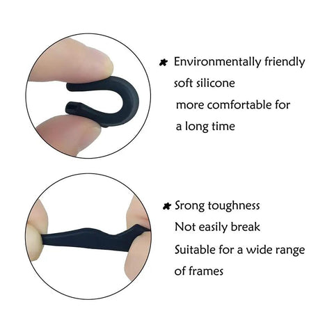 Close-up of 20 Pairs Anti Slip Silicone Eyeglass Ear Clips With Storage Box, highlighting soft silicone and strong toughness features.