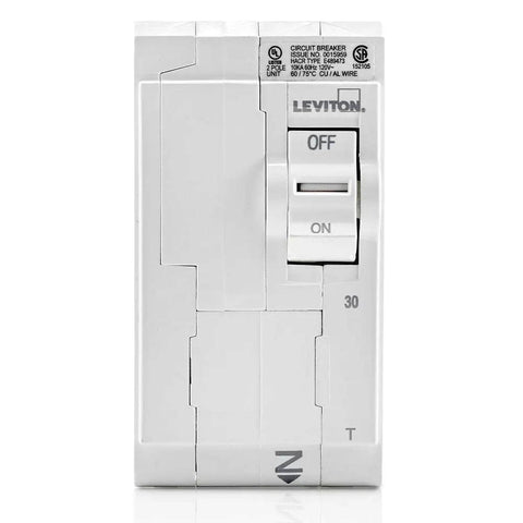 LB230-T 30A 2-Pole Plug-On Standard Branch Circuit Breaker Thermal Magnetic 120/240 VAC, white, front view with switch visible