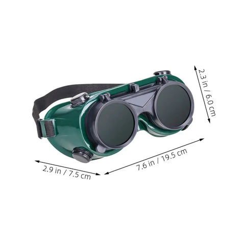Four Pack Heavy Duty Welding Safety Goggles With Anti Scratch Coating And Double Flip Up Lenses for solid rugged eye protection, measuring 7.6 x 2.9 in.