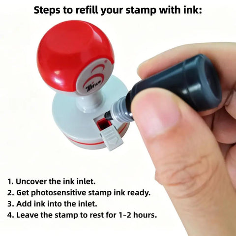 Zero Fuss Self Inking Craft Stamp Showing A Vintage Blank Clock Dial Design For Scrapbooking And Journal Projects That Amps Up Your Creative Flow With Super Clean Prints Every Time, being refilled with ink.