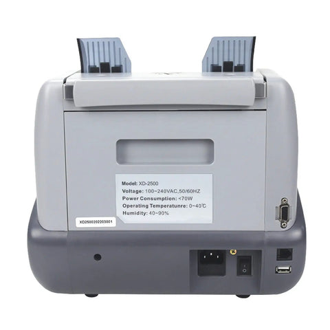 Boss Level Multi Currency Bill Counter With Automatic Note Verification Secure Denomination Detection And Flat Out Fast Cash Sorting For Serious Retail Teams Everywhere, rear view showcasing detailed specifications.