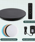 Flyrivergo Large Photography Turntable 24 Inch Rotary Platform With Remote Control For 360 Degree Video Shoots Heavy Duty includes colorful backing plates and power cord.