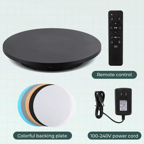 Flyrivergo Large Photography Turntable 24 Inch Rotary Platform With Remote Control For 360 Degree Video Shoots Heavy Duty includes colorful backing plates and power cord.