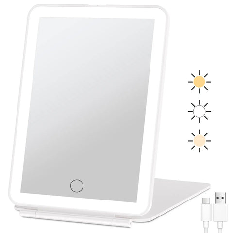 Rechargeable Travel Makeup Mirror With 72 LED Lights, Portable Lighted Beauty Mirror, 3 Color Lighting, dimmable, USB cable shown