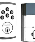 Soho Series Z Wave Smart Deadbolt Keyless Entry With Polished Chrome Finish Touchpad Lock showing keypad and lock cylinder.