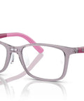 Tween Prescription Eyewear Frames Transparent Pink, XX Small Fit with 110mm hinge, 47mm lens, rectangular style, side angle view