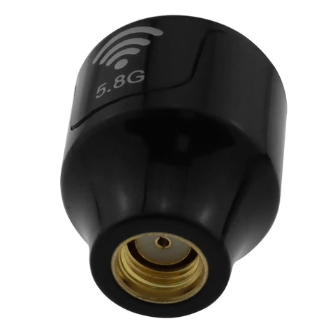 Black Ultra Tiny 5.8GHz 5dBi Stubby Antenna With SMA Female Connector For FPV Transmitter And Receiver Lightweight RHCP Ready For RC Drones Easy Install On UAV, close-up view.