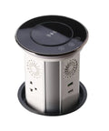 Motorized Pop Up Power Strip With Bluetooth Speaker And Wireless Charging Pad showcasing sleek design with three AC outlets and USB ports.