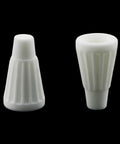 Front view of two white ceramic screw-on wire connector caps, 19x10 mm, high-temperature, flame-retardant.