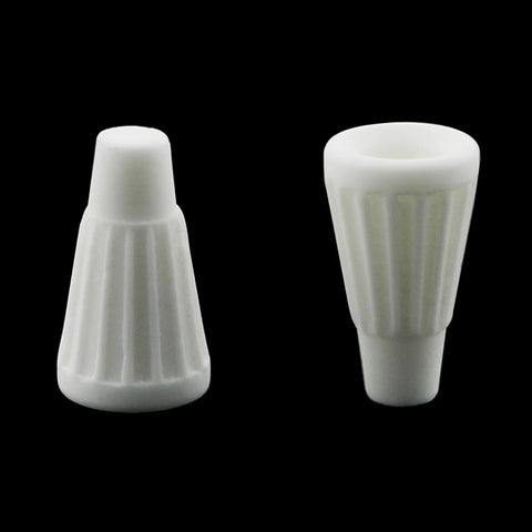 Front view of two white ceramic screw-on wire connector caps, 19x10 mm, high-temperature, flame-retardant.