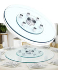 360 Degree Tempered Glass Lazy Susan Turntable With Silent Rotation on dining table, showcasing beefy heavy duty serving tray design.