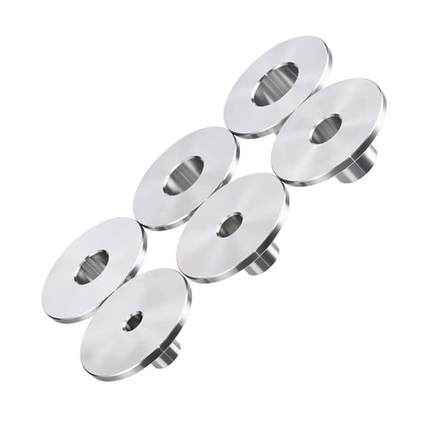 Top Shelf Stainless Steel Router Guide Bushing Set With Six Precision Sizes For Woodworking Templates, showing six polished stainless steel bushings.