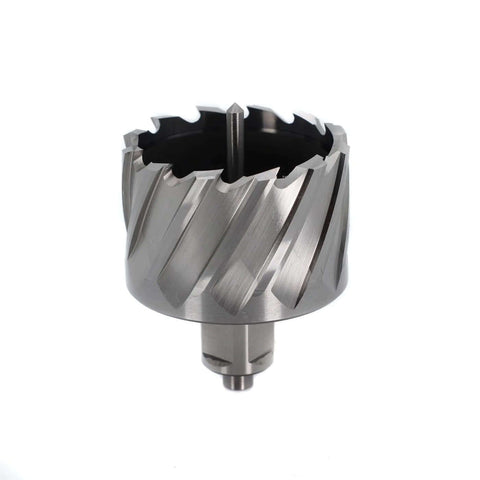 Close-up of Oscarbide annular cutter, 2-1/4 in dia, 1 in DOC, 3/4 in Weldon shank for magnetic drill press