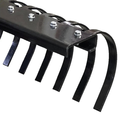 Cat-0 Agricultural Field Landscape Rake with spring steel tines, close-up view showing durable construction and attachment points.