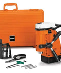 Heavy Duty Magnetic Drill Sized For One Point Six Two Five Inch Boring with accessories in orange case for tough environments.