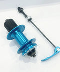 Blue 32H Beefy Aluminum Alloy Rear Hub With Quick Release For 135mm Frames, shown with quick release lever.